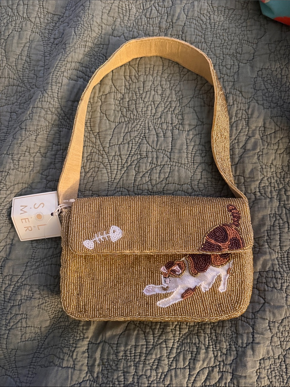 Beaded Gold Cat-Embroidered Shoulder Bag by Sol Mer